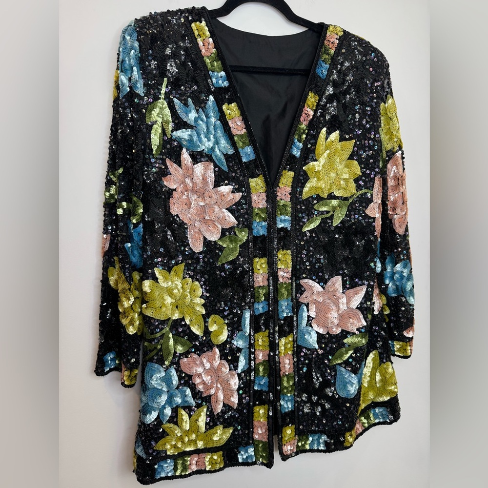 Vintage 80s Floral Sequin Jacket ✨ Handmade Boutique Beaded Statement Blazer - Picture 2 of 9